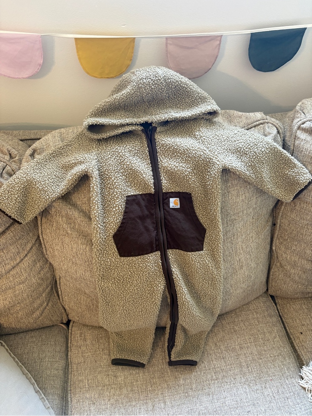 Carhartt Kids Hooded Sherpa Puffer in Taupe with Brown Pockets